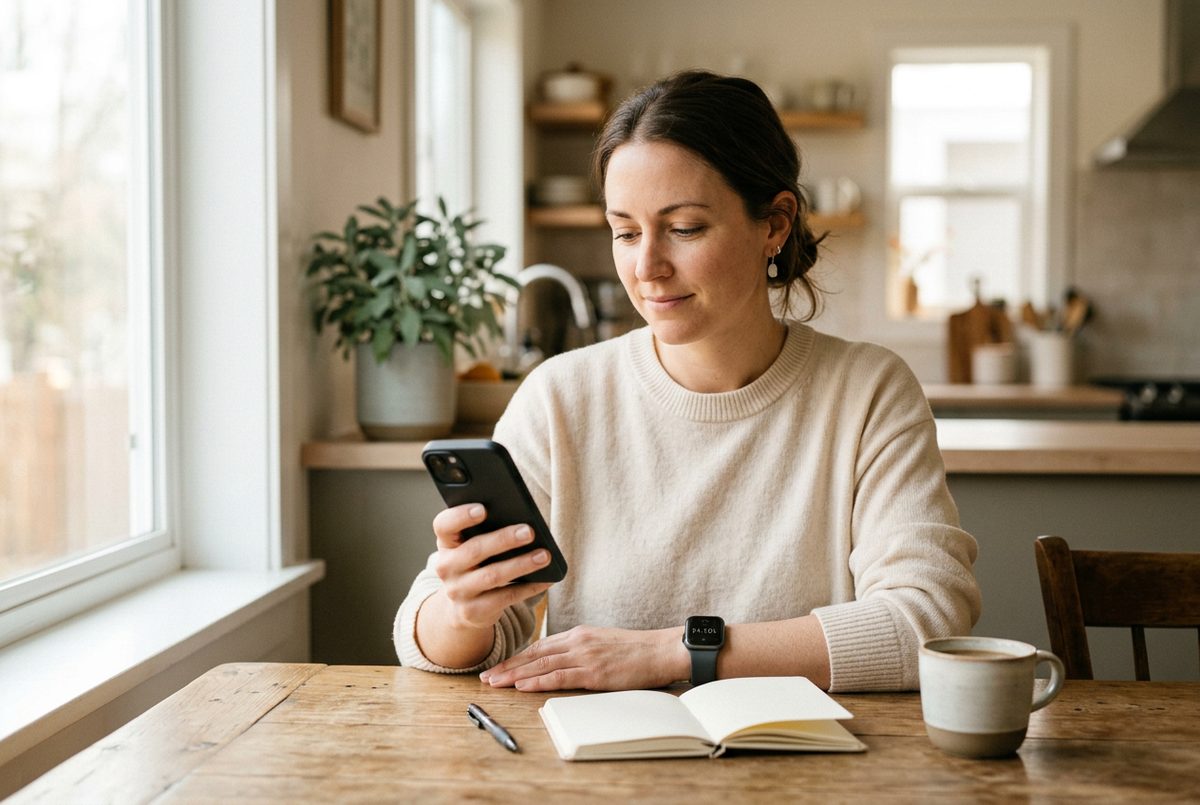 A woman wearing a smartwatch uses her smartphone at a bright kitchen table, with an open notebook and pen nearby.
