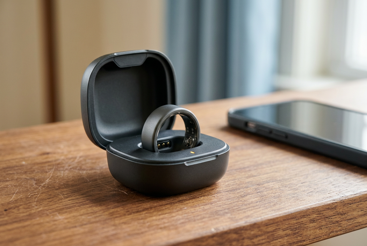 A graphite smart ring sits in an open charging case, with a smartphone softly blurred beside it on a wooden surface.